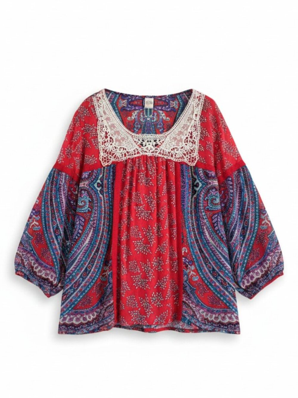Bila Boho Paisley Crochet Lace Bib Balloon Sleeve Peasant Blouse Red Teal L